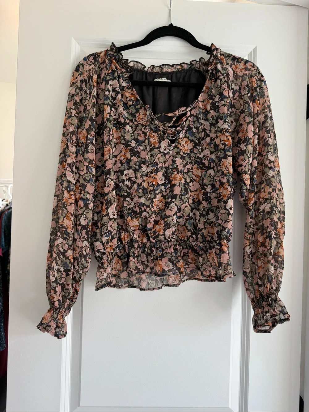 American Eagle Outfitters Floral Ruffled Blouse in Pink and Black